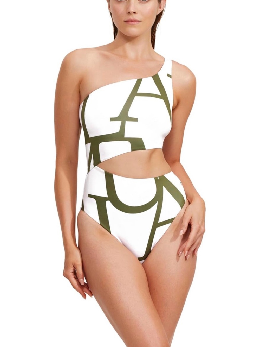 Gottex White One-Shoulder Cutout Swimsuit with Olive Graphic
